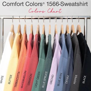 A collection of 1566-colored t-shirts hanging on a clothing rack, with each color labeled.