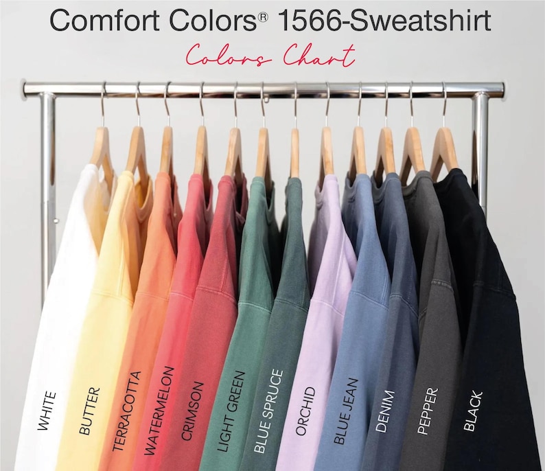 A collection of 1566-colored t-shirts hanging on a clothing rack, with each color labeled.