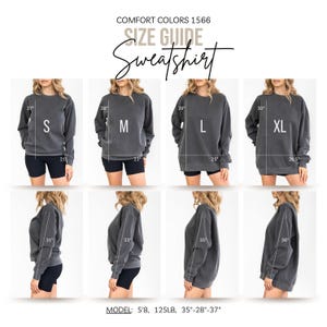The image is a size guide for a gray sweatshirt, showing different sizes for women.