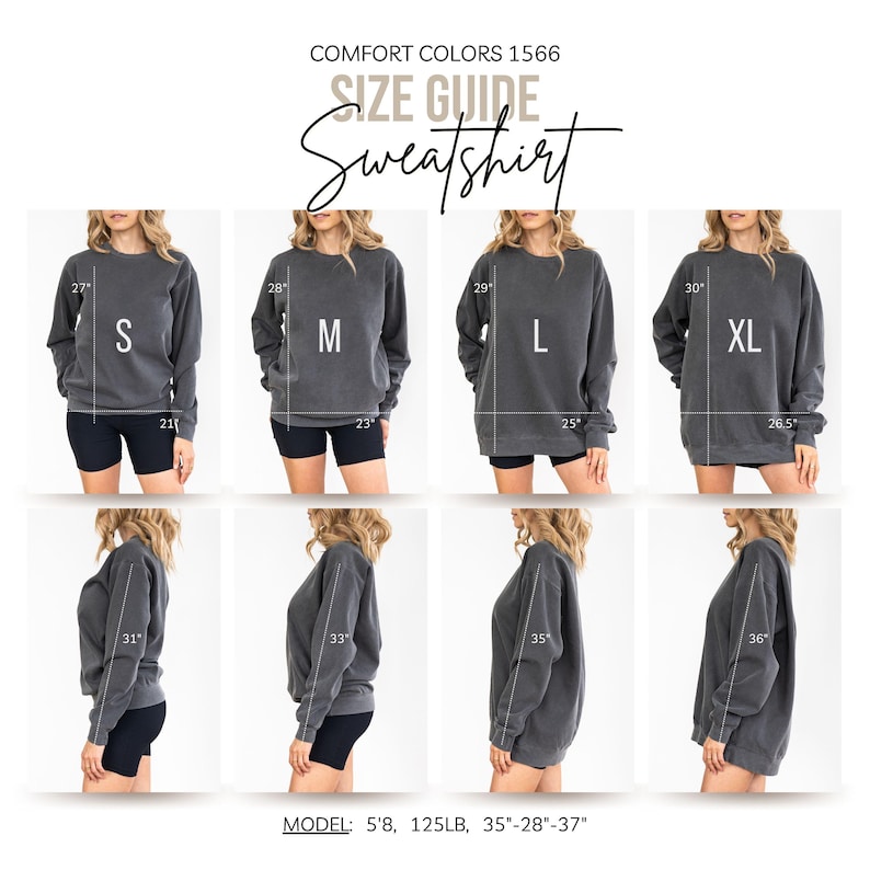 The image is a size guide for a gray sweatshirt, showing different sizes for women.