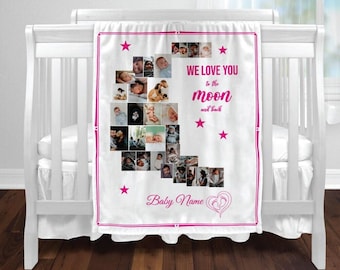 Personalized Photo Collage Blanket: Moon Design, Custom Family Gift