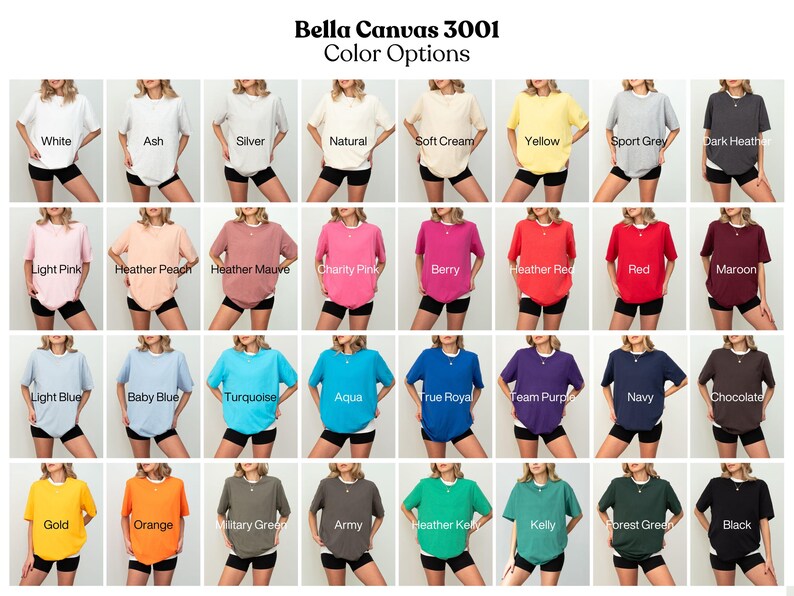 The image is a collage of 24 different color options for a t-shirt, each represented by a woman wearing a different colored shirt.