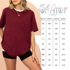 The image is a size chart for a red t-shirt, showing the measurements for different sizes.