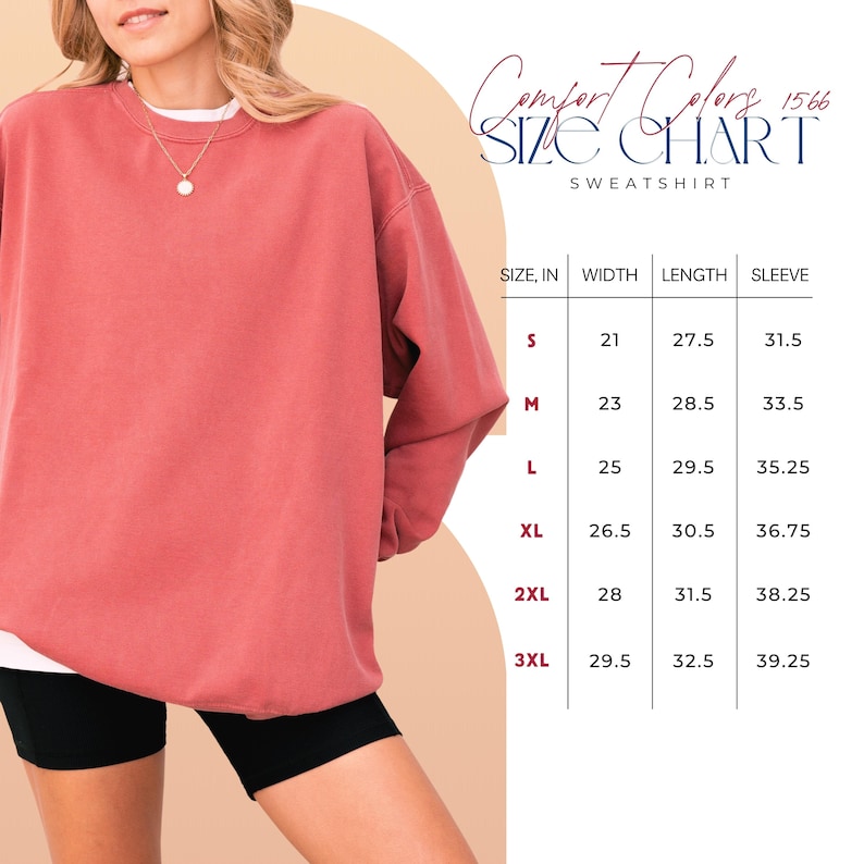 a woman wearing a pink sweatshirt, with a size chart for the sweatshirt displayed next to her.
