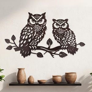 Owl Pair on Branch Metal Wall Art, Custom Personalized Nature Sign, Forest Wildlife Home Decor
