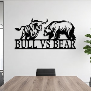 Aangepaste metalen wandbord stier en beer, beursthema kunst, kantoordecoratie cadeau financiële belegger