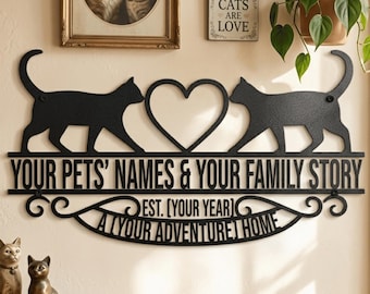 Katten met hart metalen muurkunst, aangepaste gepersonaliseerde kattenliefhebber cadeau, woondecoratie, huwelijksverjaardag cadeau voor stel, huisdier kunst aan de muur