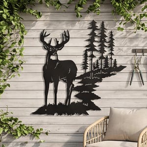Cuadro de metal con diseño de ciervo en el bosque, silueta rústica de animal del bosque, decoración para el hogar inspirada en la naturaleza, adorno de pared de metal.