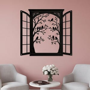 Cuadro decorativo de pared con silueta de pájaro y ventana abierta, placa metálica decorativa de árbol y pájaros, decoración del hogar inspirada en la naturaleza, adorno de pared metálico llamativo
