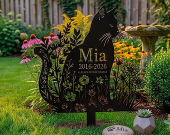 Piquet de jardin commémoratif personnalisé pour chat, marqueur funéraire en métal personnalisé, décoration pour le deuil animalier, cadeau de condoléances, silhouette de fleurs sauvages