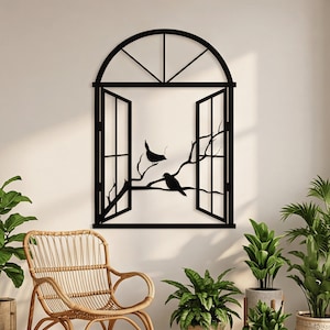 Custom Metal Bird Window Wall Art, Personalized Arched Tree Silhouette Plaque, Nature Farmhouse Decor, Gift for Bird Lovers
