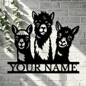 May include: Black metal wall art featuring three llama faces with the text "YOUR NAME" below. The llamas have detailed cut-out features and are mounted on a white brick wall. A decorative piece for home decor.