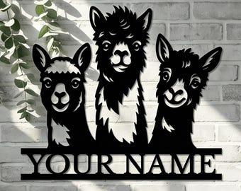 Custom Name Sign, Metal Ranch Sign, Farmhouse Wall Decor Alpaca Trio, Personalized Gift for Animal Lovers