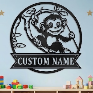Adorno de pared metálico personalizado con forma de mono, letrero personalizado de animales salvajes, decoración de pared para habitación infantil, regalo para amantes de los animales.