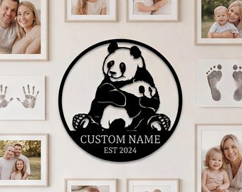 Letrero personalizado con nombre, decoración de pared de metal con diseño de panda, decoración para la habitación infantil con temática del reino animal, regalo personalizado para padres.