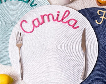 Personalized Name Woven Placemats, Round Cotton Rope Placemat, Dining Table Decor