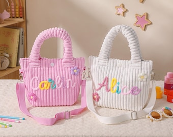 Personalized Corduroy Kids Bag, Custom Name Tote Handbag, Custom Children's Gift, Removable Satin Strap, Name Crossbody Bag,Baby Shower Gift