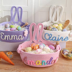 かぎ針編みのパーソナライズイースターバスケット2026、子供向けカスタムイースターエッグハントギフト、名前入りイースターバスケット、ベビーイースターバスケット、手作りギフト