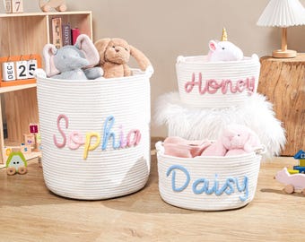 Cesta de bebé personalizada, cesta de regalo hecha a mano, regalo para baby shower, regalo para bebé, regalo personalizado para guardería, organizador de juguetes, artesanía de tejido con cordón I.