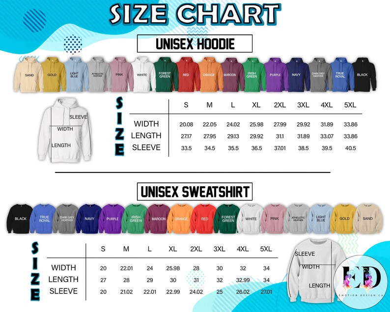 Pode incluir: Tabela de tamanhos para hoodies e sweatshirts unissexo. A tabela mostra as medidas de largura, comprimento e comprimento da manga em cm para os tamanhos S a 5XL. S&atilde;o apresentadas v&aacute;rias cores de hoodies e sweatshirts.