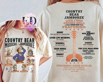 Vintage Disney Country Bear Jamboree musikaliska karaktärer grupp t-shirt, Disneyland familjesemester 2026 resa, Disney Country Bear affisch t-shirt