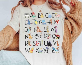 Disney Lehrer Alphabet Alle Charaktere von A bis Z Shirt, BTW Magic Kingdom Reise Unisex T-Shirt Familie Geburtstagsgeschenk Erwachsenes Kind Kleinkind Tee