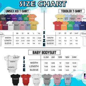 Pode incluir: Tabela de tamanhos para roupas infantis unissex, crian&ccedil;as pequenas e beb&ecirc;s. Inclui medidas de largura, comprimento e comprimento da manga em cm. Apresenta v&aacute;rias cores de camisetas e bodies.