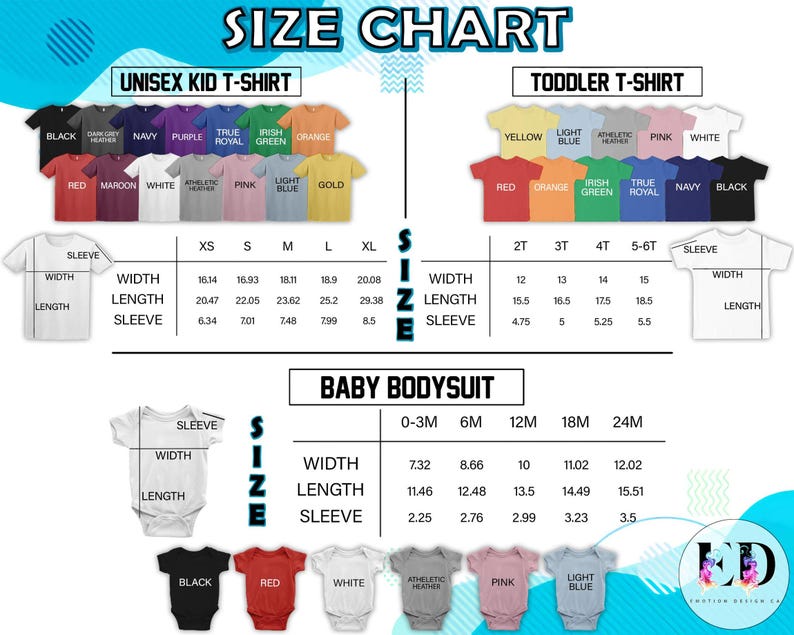 Pode incluir: Tabela de tamanhos para roupas infantis unissex, crian&ccedil;as pequenas e beb&ecirc;s. Inclui medidas de largura, comprimento e comprimento da manga em cm. Apresenta v&aacute;rias cores de camisetas e bodies.