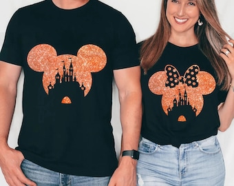 Disney Couple Mickey and Minnie Castle Halloween Cosplay Shirt, Disneyland Family Vacation Holiday Gift, Mickey's Not So Scary Party Tee