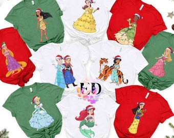 Disney Princess Alle Charaktere Weihnachtslichter Kostüm Familie Passendes T-Shirt, Disneyland Urlaub Geschenk, Mickey Sehr Merry Xmas Party Tee