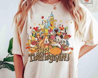 Camiseta vintage con la frase "Feliz Día de Acción de Gracias" de Mickey y sus amigos, regalo para un viaje a Disneyland en otoño, camiseta familiar a juego con el mensaje "Vibraciones otoñales de Disney"