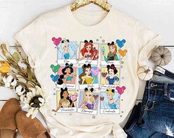 Bonita camiseta retro con personajes de princesas de Disney, todos los personajes, para tomar fotos en grupo, camiseta unisex de Magic Kingdom, regalo de cumpleaños familiar, camiseta para adultos y niños pequeños.