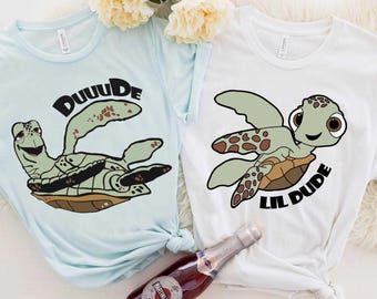 Disney Pixar Finding Nemo Crush & Squirt Dude Lil Dude Father Day Shirt, Father And Son WDW Holiday Unisex Tshirt Family Gift Adult Tee