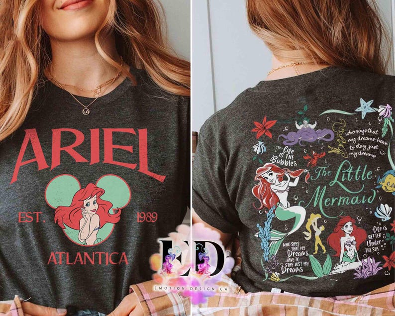 Two-Sides The Little Mermaid Atlantica Est 1989 Vintage T-shirt, Magic Kingdom Family Vacation 2025 Trip, Disney Princess Ariel Matching Tee image 2