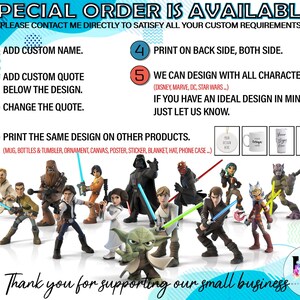 May include: A promotional graphic with text offering custom design services. It features instructions for personalization, including adding names, quotes, and character designs from Disney, Marvel, DC, and Star Wars. The image also showcases various product examples.