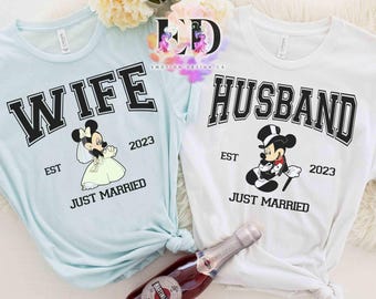 Spersonalizowana koszulka dla panny młodej i pana młodego z Myszką Miki i Minnie, sweter Disney Bachelorette Party, pasująca koszulka Disney Wedding Żona Mąż Honey Moon