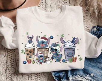 Cute Lilo & Stitch Coffee Tea Sweater, Disney Santa Stitch Xmas Latte Drink Cup Lights Tee, Stitch Epcot Shirt, Disneyland Vacation Gift