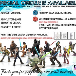 Pode incluir: Gr&aacute;fico promocional que anuncia servi&ccedil;os de design personalizado. O texto detalha como personalizar produtos com nomes, cita&ccedil;&otilde;es e designs de personagens da Disney, Marvel, DC e Star Wars. V&aacute;rios exemplos de produtos s&atilde;o mostrados na imagem.