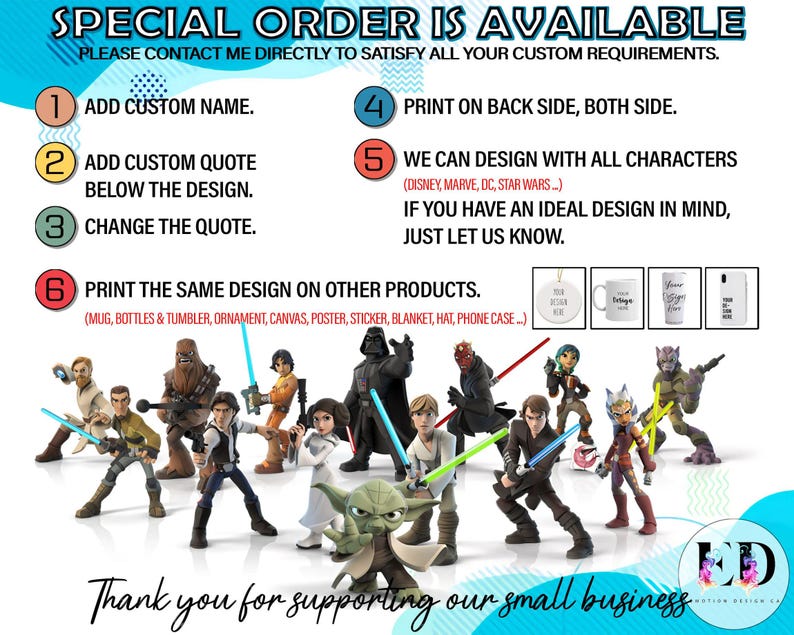 Pode incluir: Gr&aacute;fico promocional que anuncia servi&ccedil;os de design personalizado. O texto detalha como personalizar produtos com nomes, cita&ccedil;&otilde;es e designs de personagens da Disney, Marvel, DC e Star Wars. V&aacute;rios exemplos de produtos s&atilde;o mostrados na imagem.