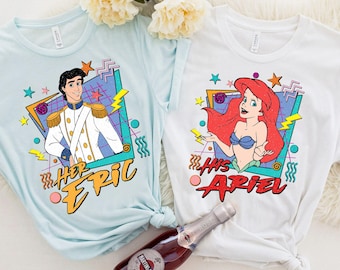 Retro 90s The Little Mermaid His Ariel And Her Eric T-shirt, Disneyland Vacation WDW Trip Gift, Disney Couples Valentine's Day Matching Tee