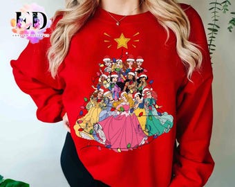 Disney Prinzessinnen Charaktere Gruppe Weihnachtsbaum Licht T-Shirt, Mickys sehr fröhliches Geschenk, Belle Rapunzel Ariel Aschenputtel Jasmin Weihnachten Tee