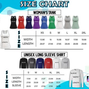 Pode incluir: Tabela de tamanhos para tops femininos e camisas unissexo de manga comprida. Os tamanhos dos tops femininos variam de XS a 2XL, com medidas em cm. Os tamanhos das camisas unissexo de manga comprida variam de S a 2XL, tamb&eacute;m com medidas em cm. A tabela inclui medidas de largura, comprimento e manga.