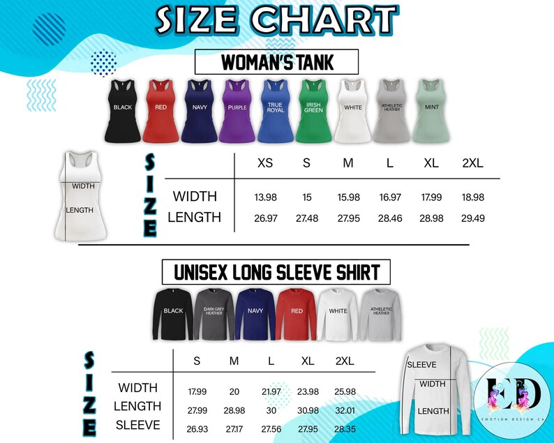 Pode incluir: Tabela de tamanhos para tops femininos e camisas unissexo de manga comprida. Os tamanhos dos tops femininos variam de XS a 2XL, com medidas em cm. Os tamanhos das camisas unissexo de manga comprida variam de S a 2XL, tamb&eacute;m com medidas em cm. A tabela inclui medidas de largura, comprimento e manga.