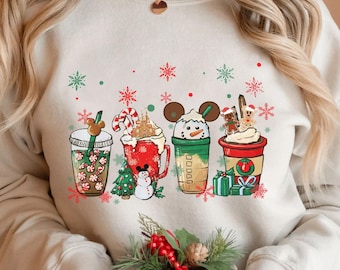 Cute Disney Mickey Minnie Christmas Coffee Tea Sweatshirt, Latte Drink Cup Epcot Christmas T-shirt, Disneyland Vacation Gift Sweatshirt