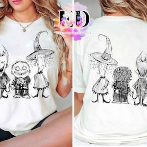 Puede incluir: Camiseta color crema con un boceto en blanco y negro de tres personajes de dibujos animados. La parte delantera de la camiseta muestra a los personajes uno al lado del otro. La parte trasera de la camiseta muestra los mismos personajes. El texto "EMOTION DESIGN CA" est&aacute; en la esquina superior derecha.