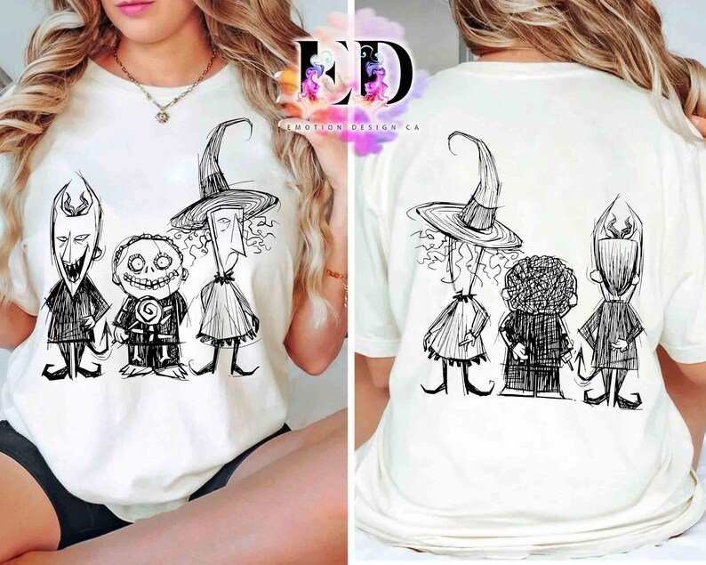 Puede incluir: Camiseta color crema con un boceto en blanco y negro de tres personajes de dibujos animados. La parte delantera de la camiseta muestra a los personajes uno al lado del otro. La parte trasera de la camiseta muestra los mismos personajes. El texto "EMOTION DESIGN CA" est&aacute; en la esquina superior derecha.