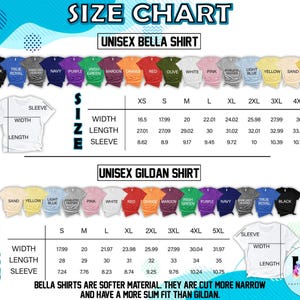 Pode incluir: Uma tabela de tamanhos para camisetas unissex Bella e Gildan, mostrando as medidas de largura, comprimento e manga em cm. A tabela inclui v&aacute;rias cores de camiseta e tamanhos de XS a 5XL, com o texto "As camisetas Bella s&atilde;o de material mais macio."