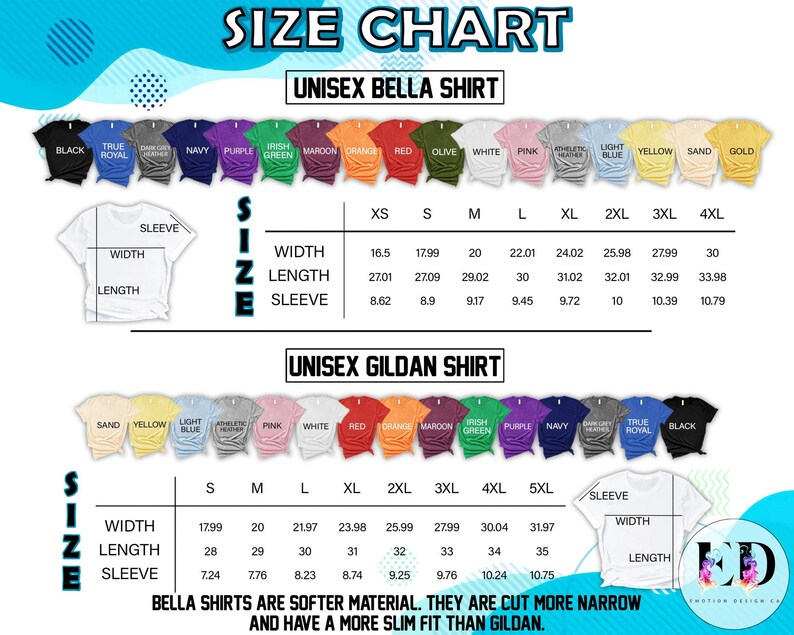 Pode incluir: Uma tabela de tamanhos para camisetas unissex Bella e Gildan, mostrando as medidas de largura, comprimento e manga em cm. A tabela inclui v&aacute;rias cores de camiseta e tamanhos de XS a 5XL, com o texto "As camisetas Bella s&atilde;o de material mais macio."
