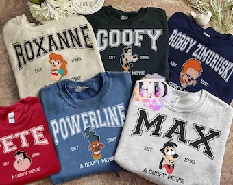 Vintage Disney A Goofy Movie alle personages groep aangepast retro shirt, WDW Disneyland familievakantie vakantiecadeau, Max Roxanne Powerline-T-shirt
