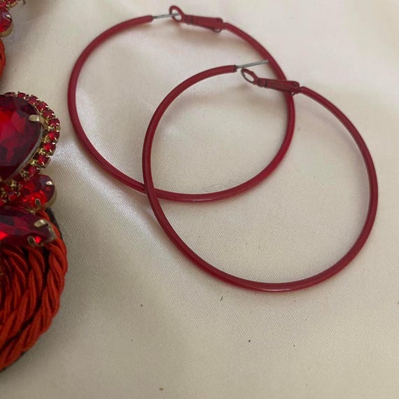 Ruby Red statement earrings with hoops and gems - image 4